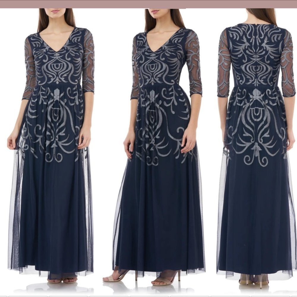 NWT $298 JS Collections [ 12 ] 3/4 Sleeve Embellished Gown‎ in Navy Blue #Q263